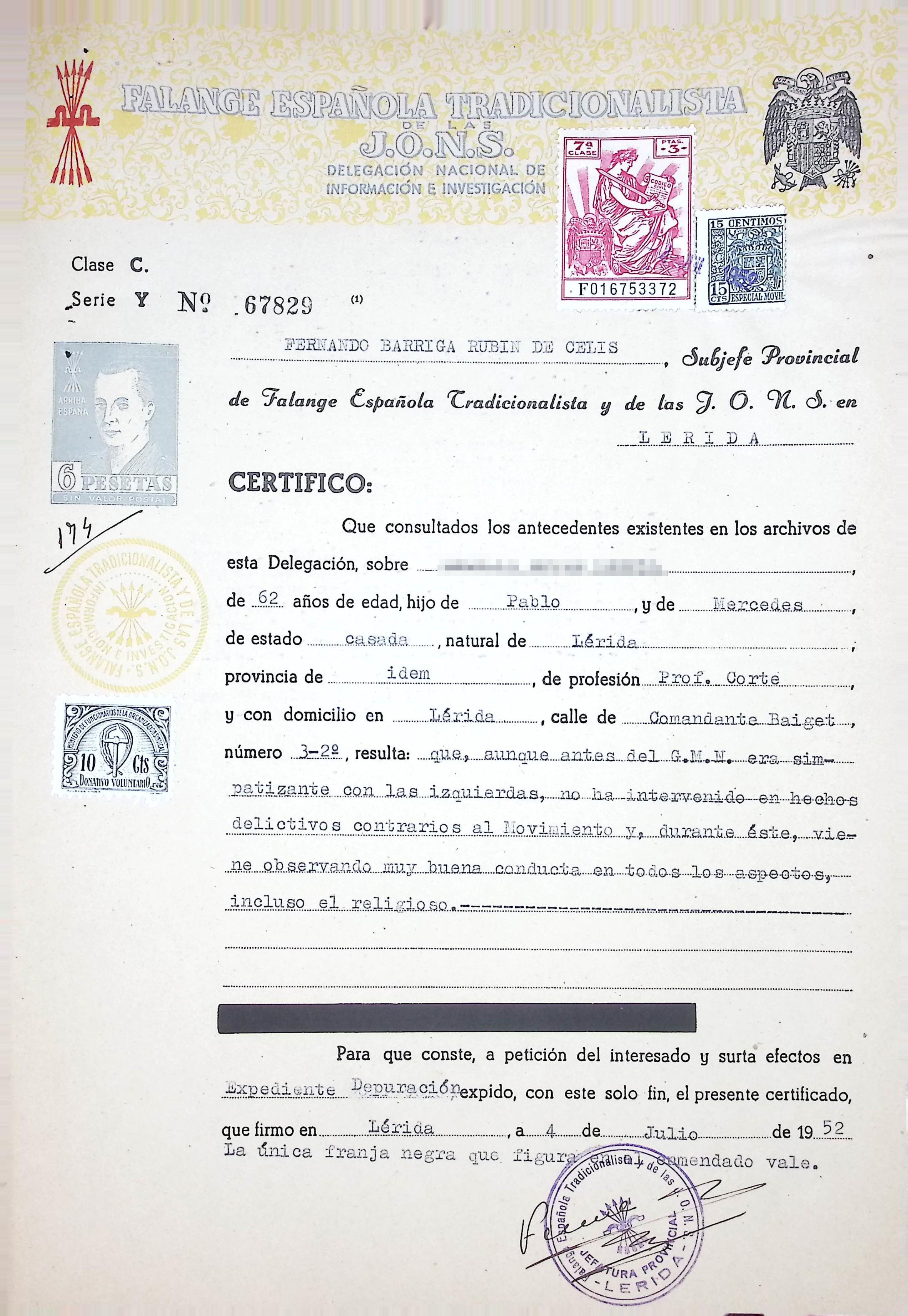 Certificat de bona conducta emés per la Falange española tradicionalista i de las JONS, any 1952